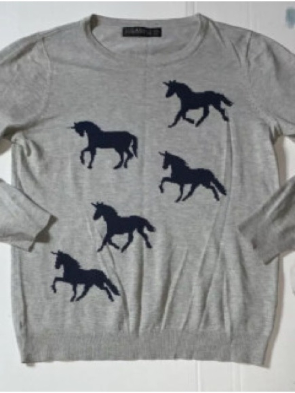 Women’s Gray Crewneck Sweater with Navy Horse Motif - Designer